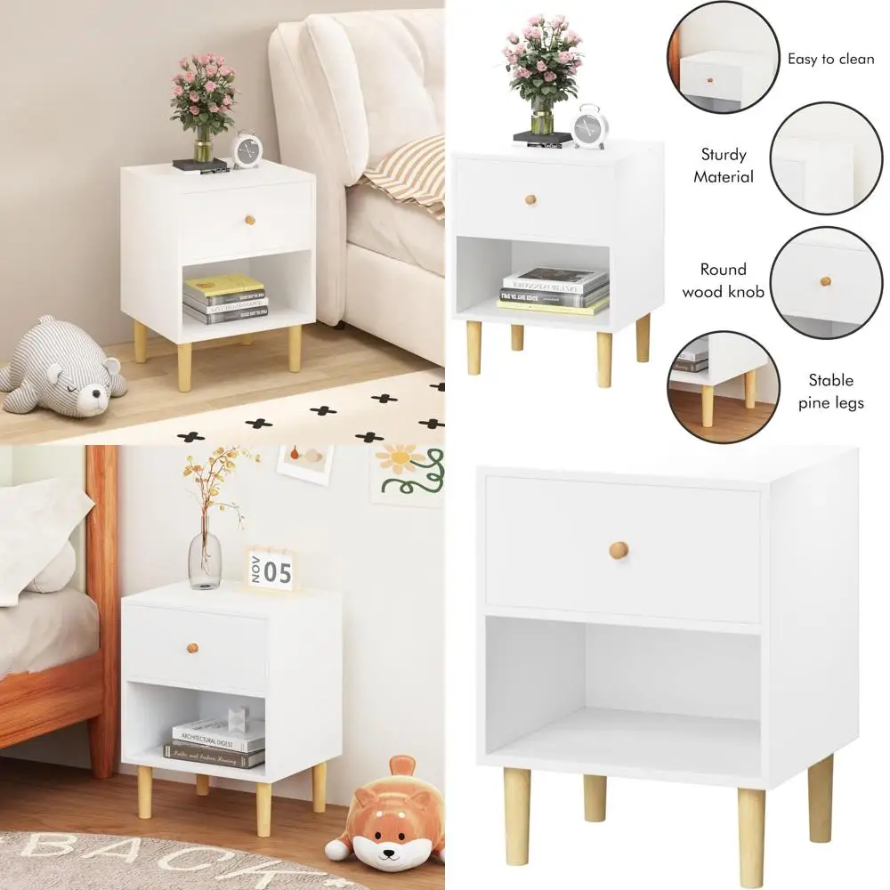 

White Wooden Kids Nightstand with Drawer and Open Shelf, Suitable for Bedroom or Living Room, Ideal for Toddlers and Children