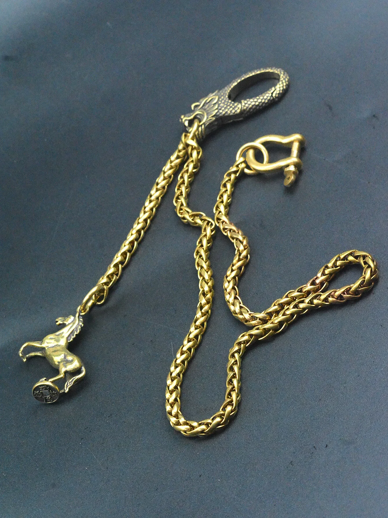 Chunky raw Brass Wallet pant Japanese U dragon snap Hook belt clip 6mm Italian snake chain keychain EDC horse Gift