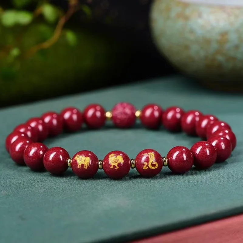 Natural High Content Raw Ore Zijin Sand Three-in-one Zodiac Bracelet for Men and Women Ma Xiangyun Red Cinnabar Hand String 8mm