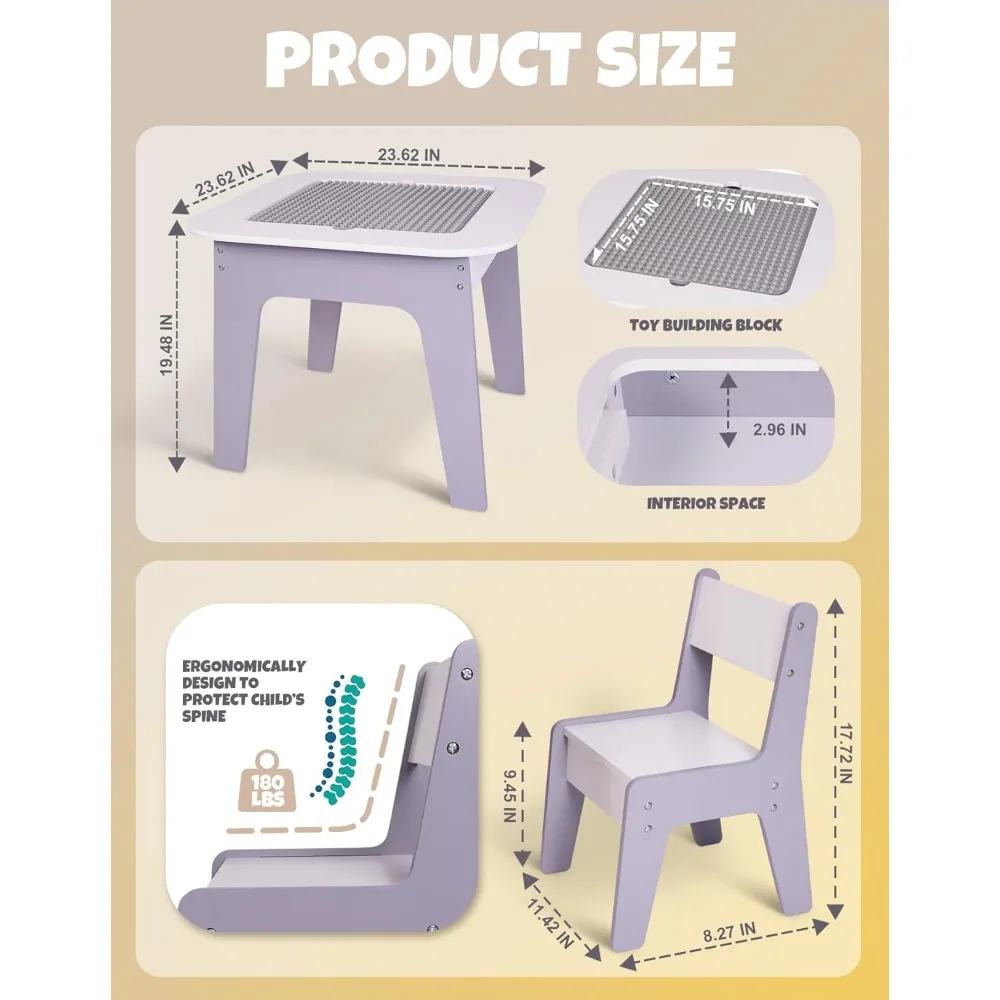 유아용 목제 테이블 및 의자 세트, 어린이 건설 기차 테이블, 어린이 테이블, 레고 테이블 호환, 4 in 1