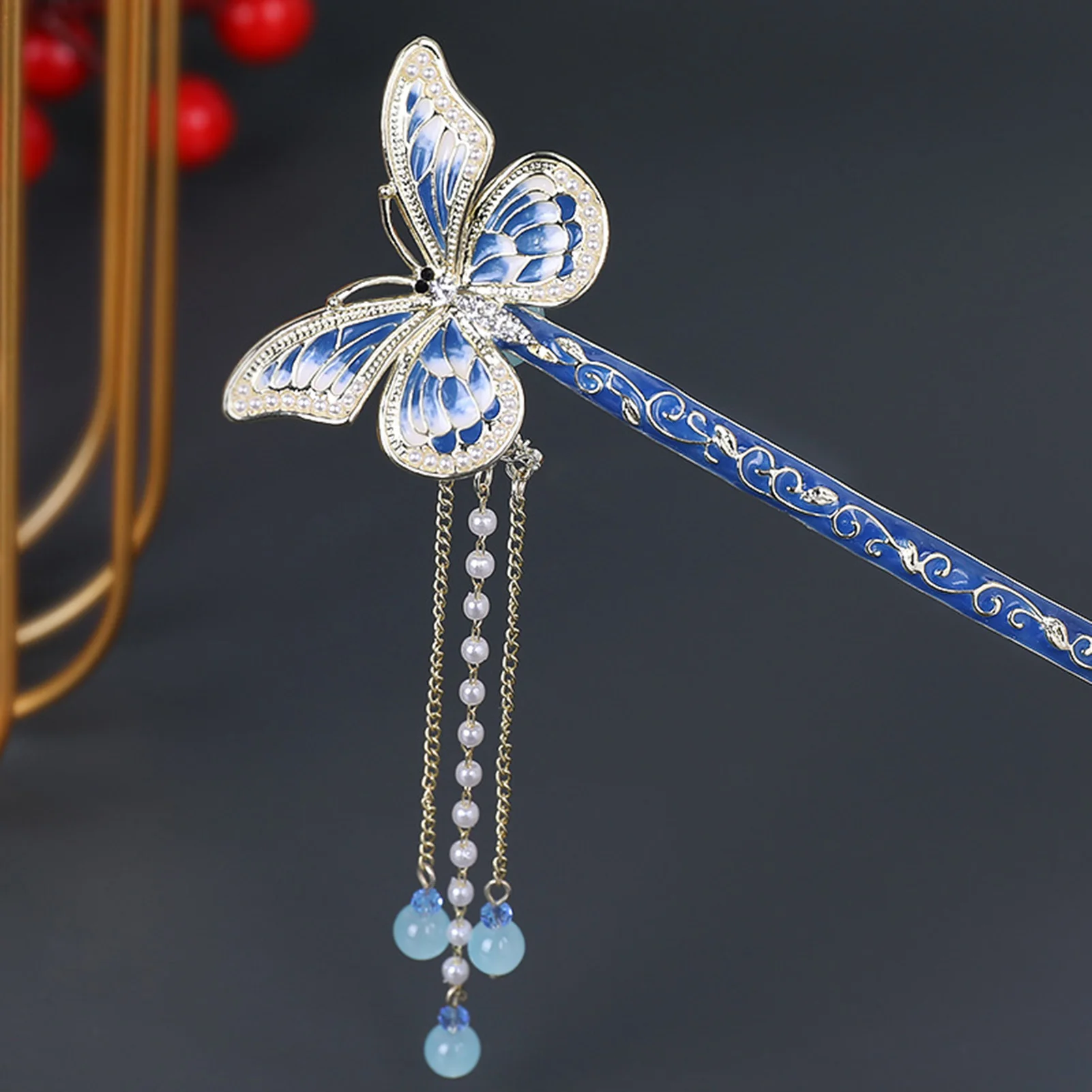 Retro Chignon Hair Stick Blue Headdress With Pearl For Women Butterfly Shaped Hairpin Chinese Hanfu Hair Accessories Tiaras