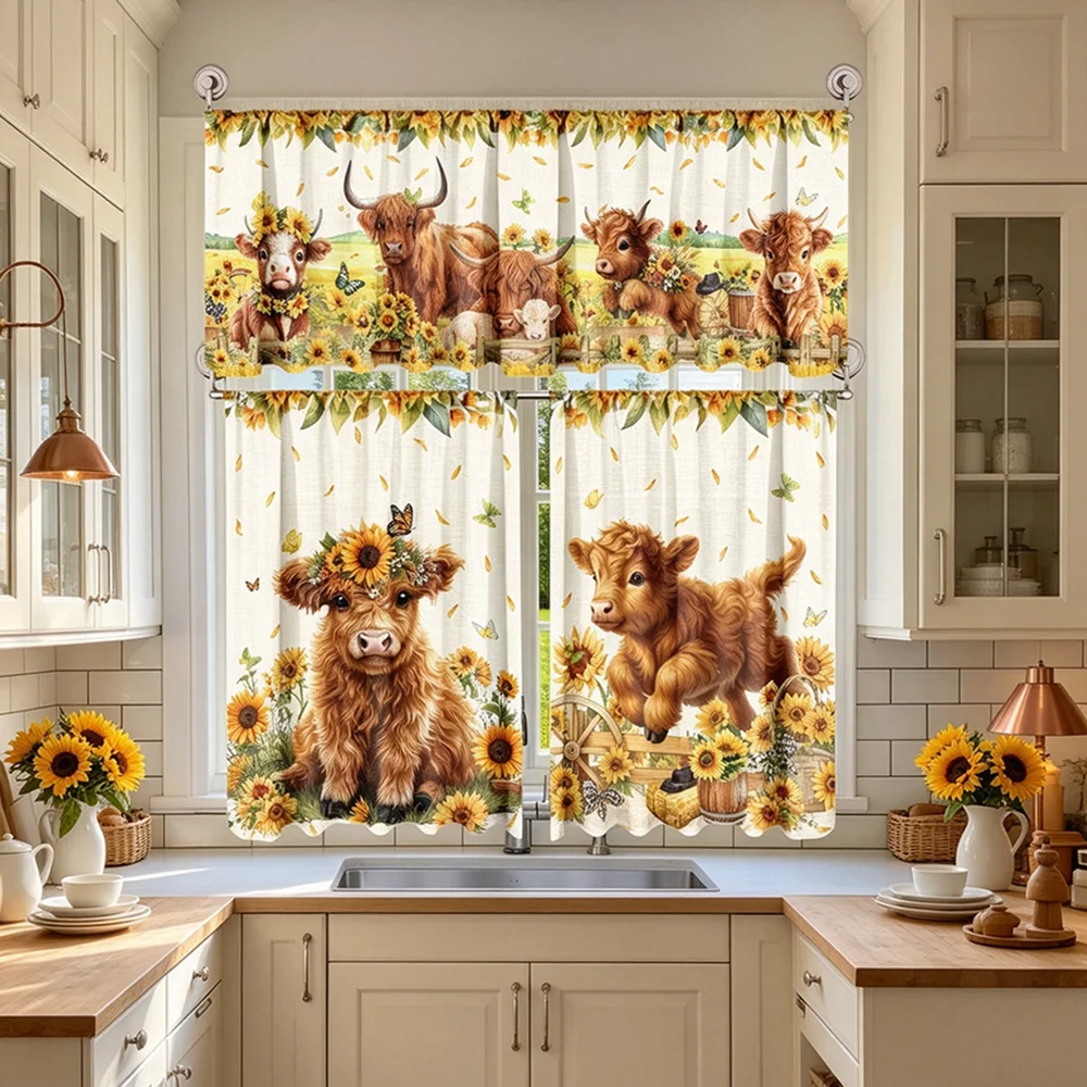 Tier Curtains Set for Kitchen, Highland Cow Sunflower Print, Farmhouse Style, with Valance, Elegant Kitchen Window Decor