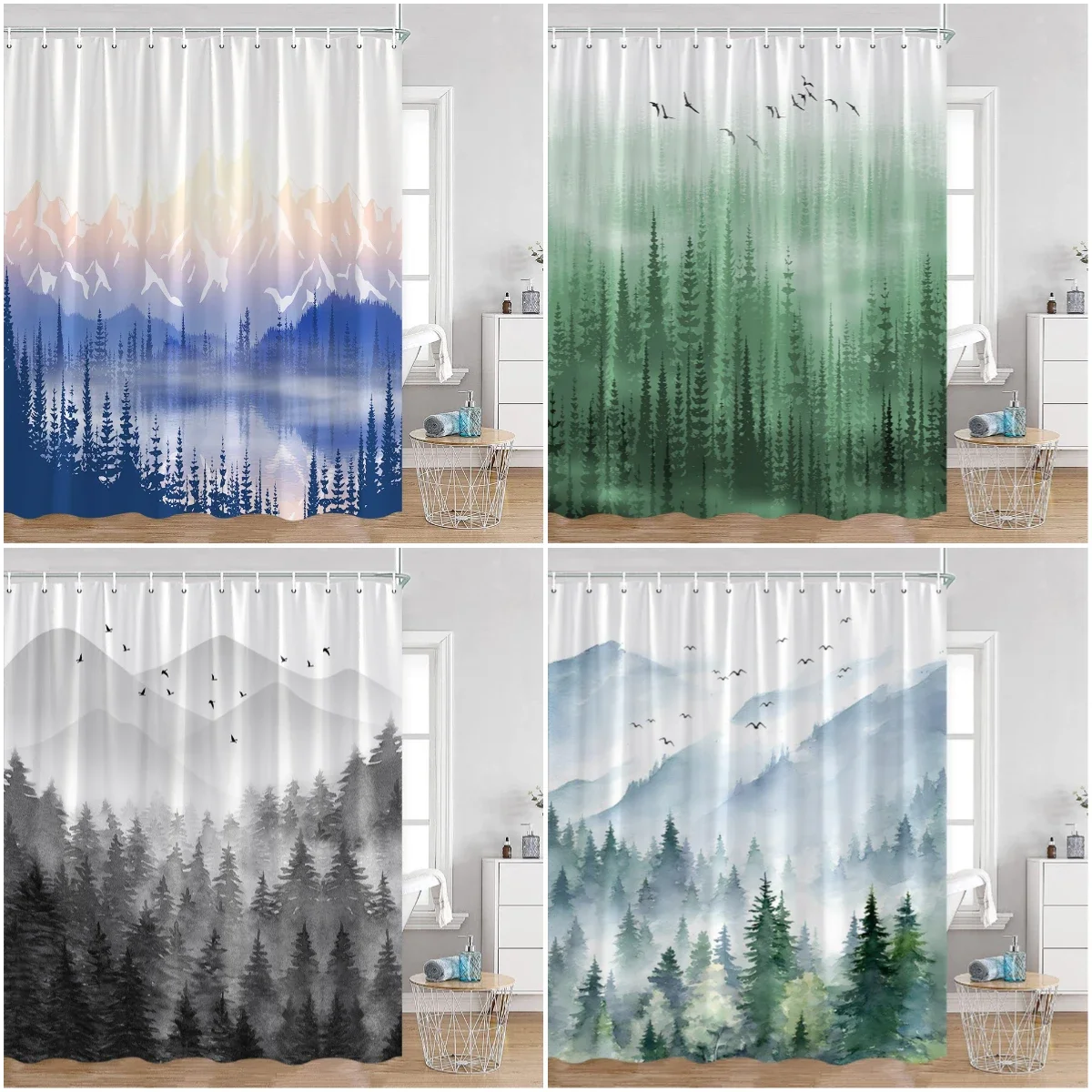 Misty Forest Shower Curtain for Bathroom Nature Mountain Trees Fog Woodland Polyester Fabric Bathtub Shower Curtain Home Decor