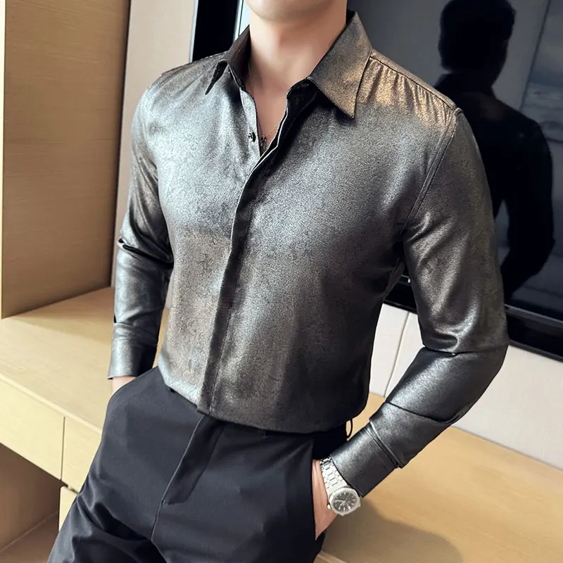 

Glossy Shirts For Men High Quality Plain Color Long Sleeve Men's Social Shirt Slim Fit Anti-Wrinkle Club Prom Tuxedo Dress 4XL-M