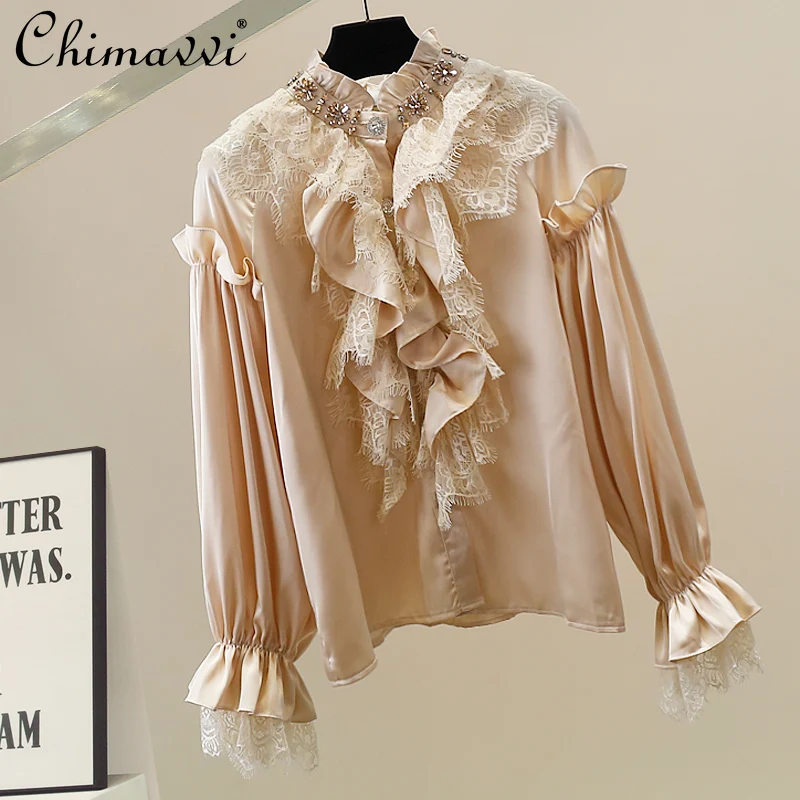 

New Korean Fashion Heavy Lace Patchwork Ruffle Shirt Sweet Girl Loose Elegant Long Sleeve Blouse Women 2025 Autumn Top