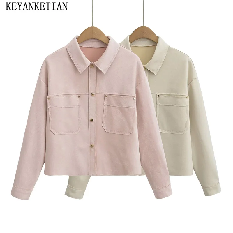 

KEYANKETIAN 2024 New Women's Suede Loose Jacket Autumn/Winter Unisex style Single Breasted Pockets Blazer Shirtcoat Short Top