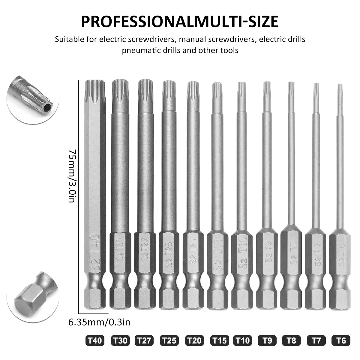 11Pcs Torx Screwdriver Bit Set 1/4In Hex Shank Torx Star Hex Security Bit Set Magnetic Star S2 Steel Screwdriver Set Bits T6-T40