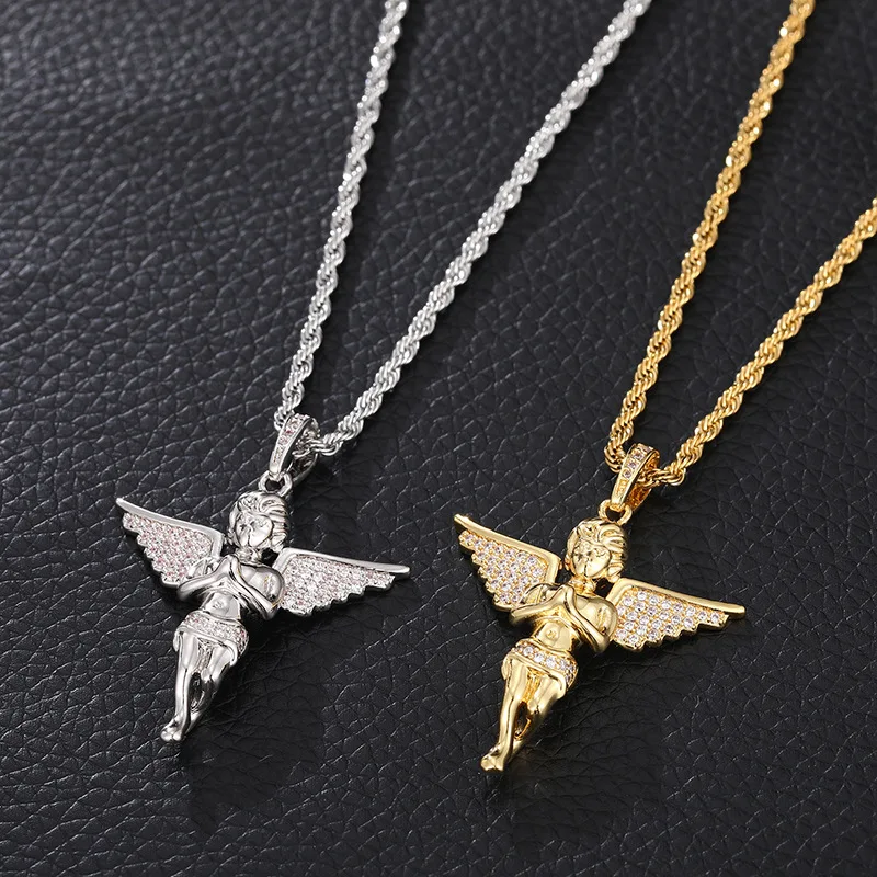 

Hot Selling Iced Out Praying Angel Necklace Hip Hop Rapper Style Full Zircon Angel Pendant Streetwear Nightclub Accessory