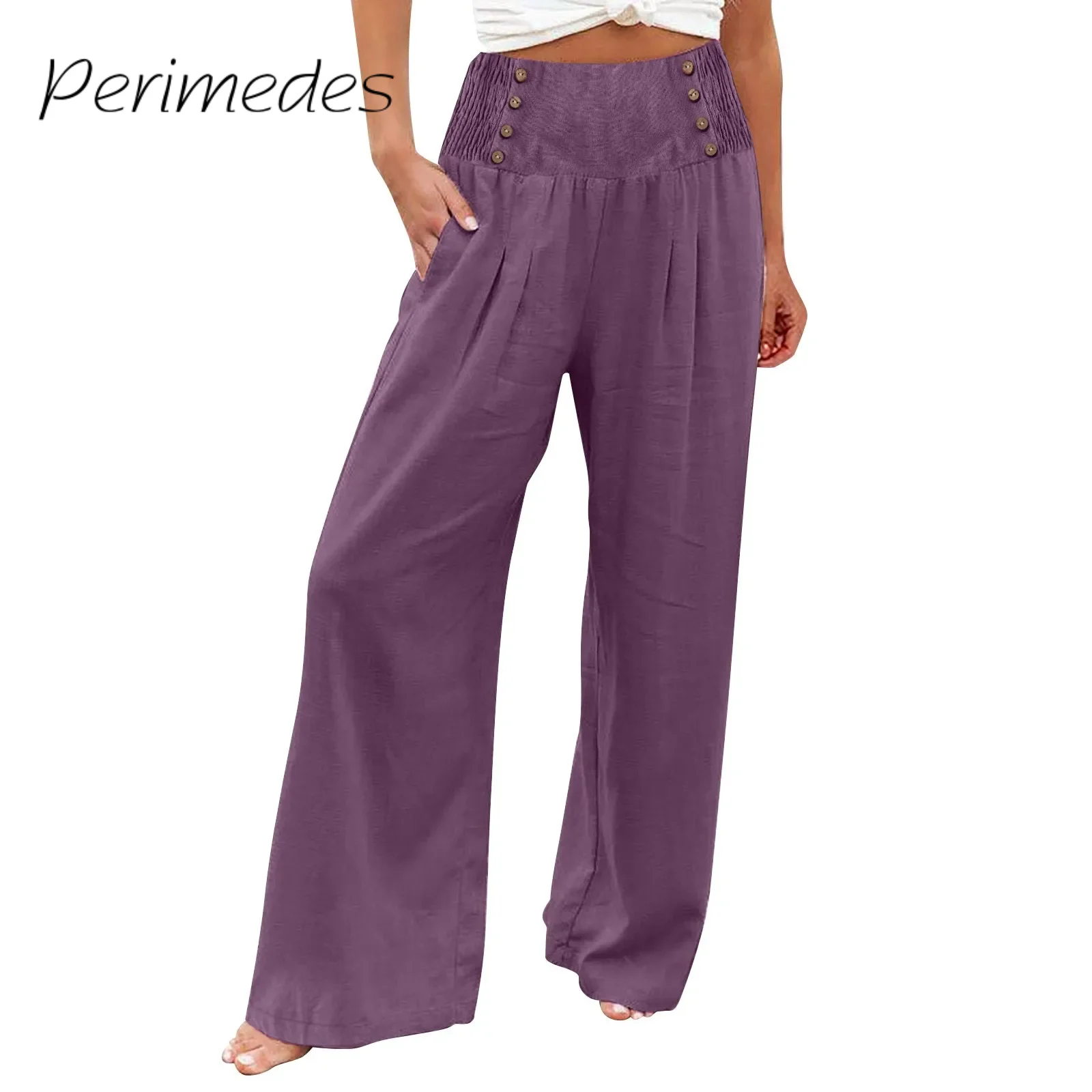 

Pantalones Ladies Trousers Summer Button Cotton Linen Loose Palazzo Wide Leg Pants With Pocket Elastic Waist Casual Pants 2024