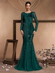 Lucyinlove eleganti maniche lunghe abiti da sera in Tulle con paillettes 2024 donne di lusso sirena formale damigella d'onore Maxi abito da ballo