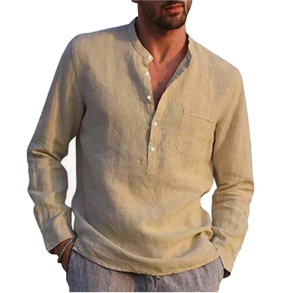 Cotton Linen Men\'s Long-sleeved Shirt Summer Solid Colour Henley Collar Casual Beach Style Shirt Long Sleeve T Shirt Men