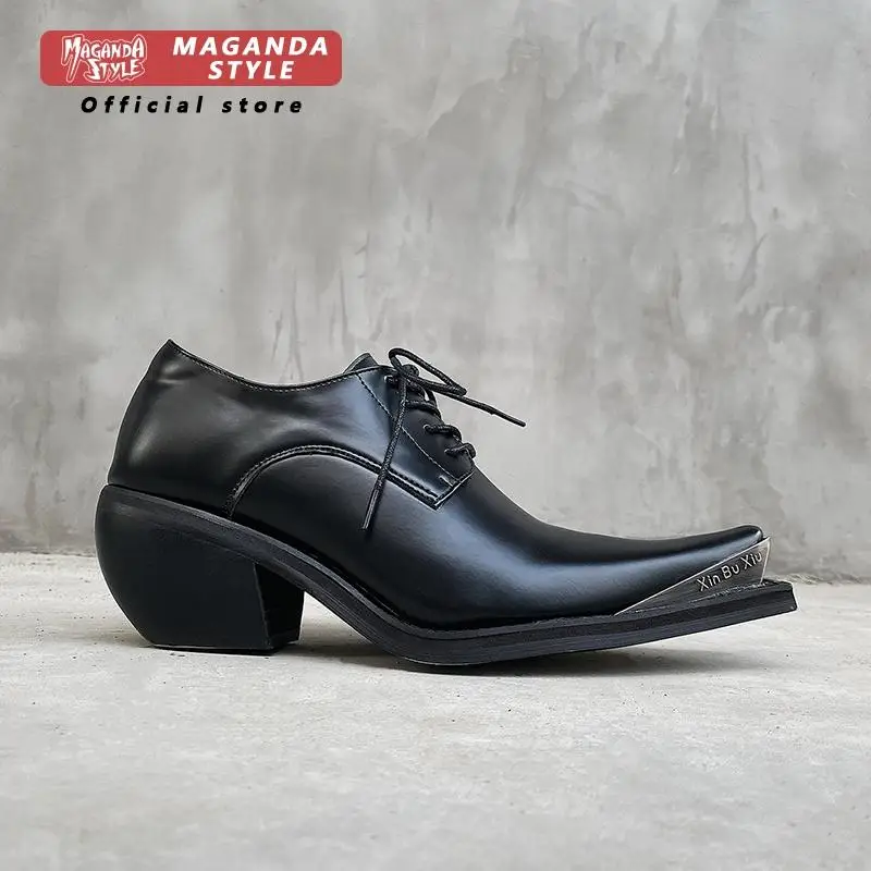 Dark Derby shoes for men and women niche upturned wizard shoes model runway fashion styles high heels 7CM pointed leather shoes