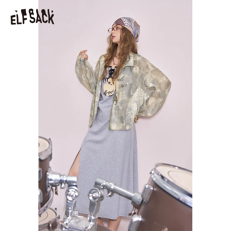 ELFSACK 2025 Summer New Arrival Cool Original Printed Camouflage Thin Sheer Jacket Sweet Cool Casual Top For Woman