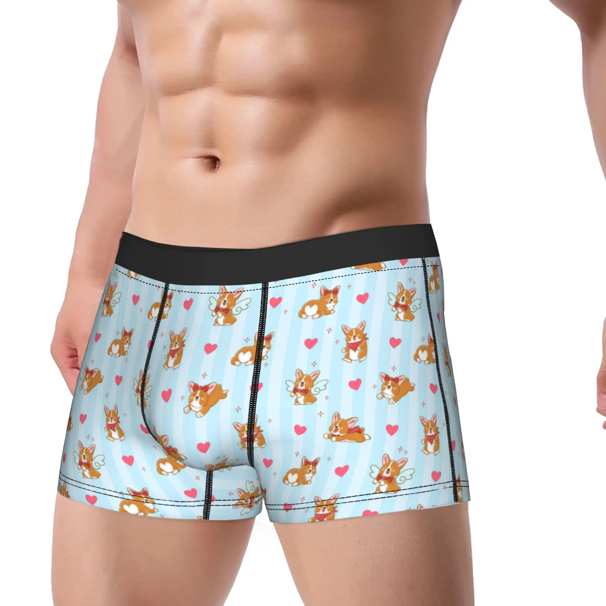 Cute Corgi Blue Striped Kawaii Pink Hearts Underwear Breathable Underpants Boxer Brief For Men Pouch Plus Size Boxer Shorts