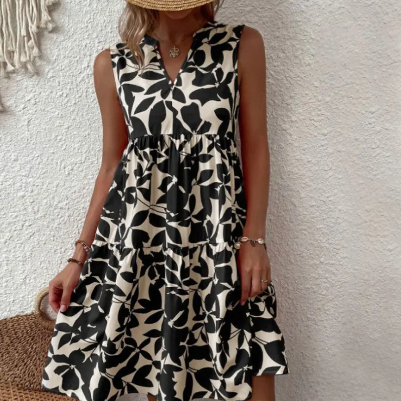 Summer Women Print Dress Sleeveless V Neck Ruffle A Line Mini Dress Boho Beach Casual Loose Knee-length Short Dresses