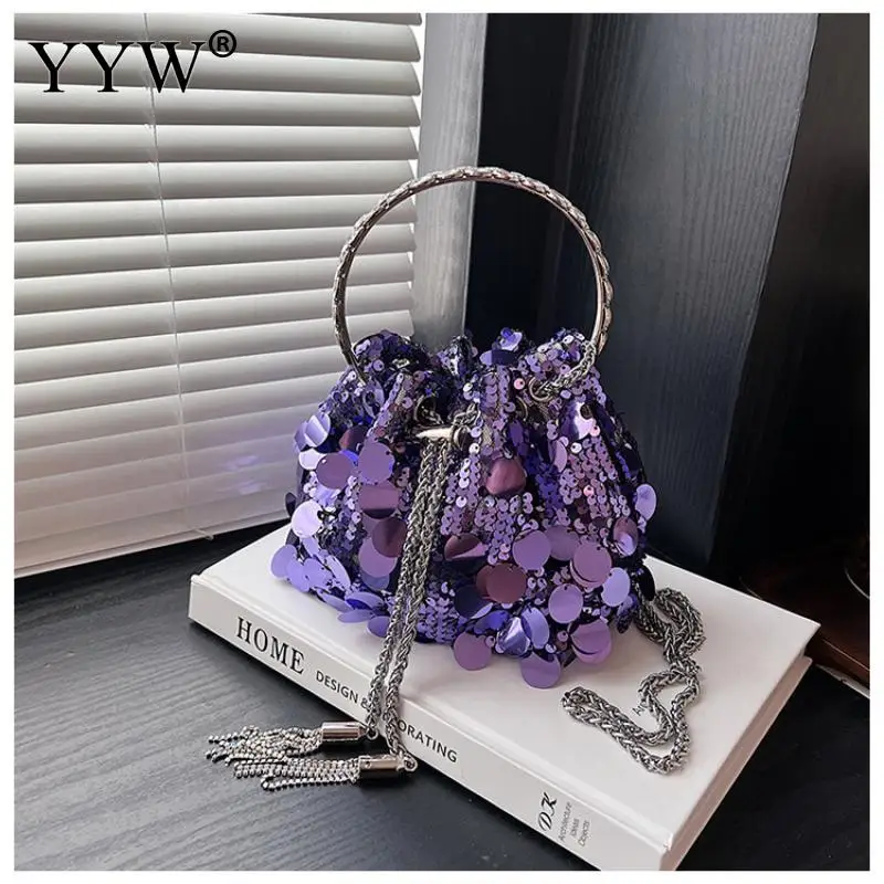 YYW Luxury Evening Bag Glitter Bling Sequins Handbags Purses Women Party Small Tote Bag Fashion Lady Bucket Bags Girls Wristlets