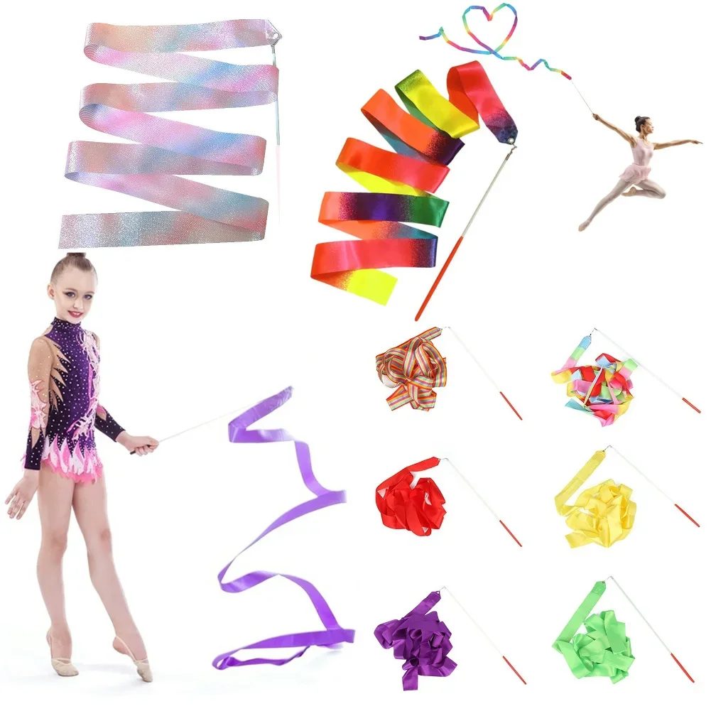 2M Colorful Gym Ribbons Dance Ribbon Rhythmic Art Gymnastic Ballet Streamer Twirling Rod Stick For Training Professional Prop