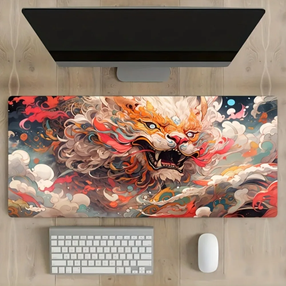 Tapis de table à motif de bête Nian de style chinois super élégant - Tapis de table antidérapant pour jeux, accessoires pour bureau, tapis de souris