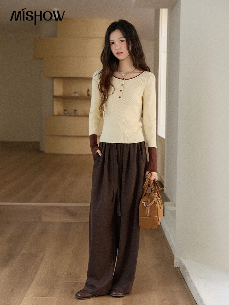 MISHOW Long Sleeves Sweater Women 2025 Winter New Retro Contrast Color Crew Neck Knit Top Comfortable Slim Sweater MXE89Z2639
