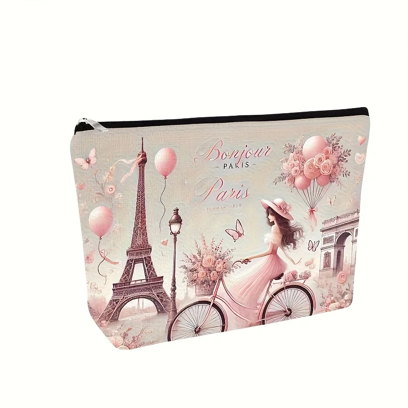 Un sac de maquillage de style Paris – jolie pochette multifonctionnelle à fermeture éclair pour femmes, sac de rangement de bijoux