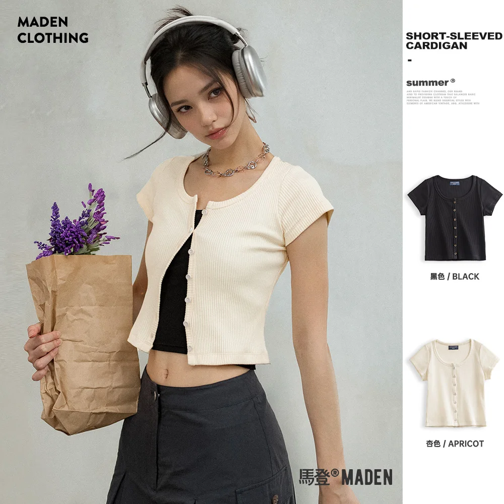 Maden Knit Round Neck Slim Cardigan Short Top for Women Solid Color Basic Short Sleeve Knit Sweater Black Tees Summer T-shirts