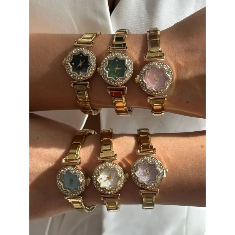 Minimalist Luxury Flower Dial Women Modular Watch Detachable Stainless Steel Band Rhinestone Bezel Elegant Ladies Quartz Watch
