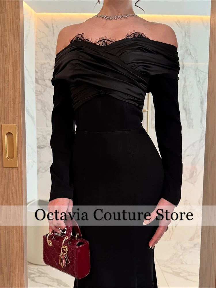 فساتين سهرة سوداء مكشوفة الكتف للنساء مطرزة بأكمام طويلة على شكل حرف A من الشيفون فستان رسمي طويل للحفلات حسب الطلب