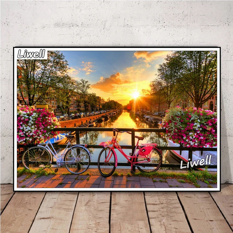 Netherlands Amsterdam Canal With Bicycles Sunrise Landscape Diamond Painting Wall Art Museum Square Cross Stitch Room Decor