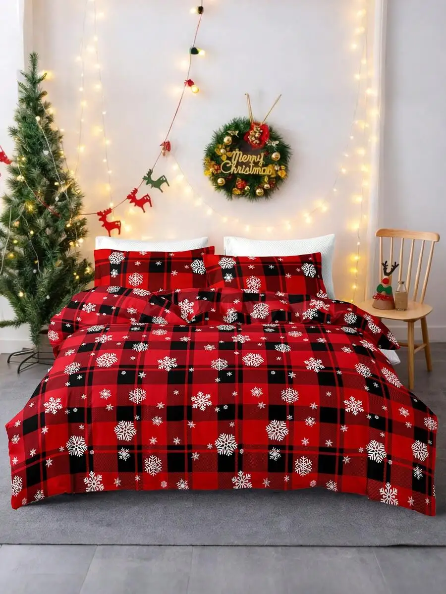 

3pcs/Set Christmas Red Grid Santa Claus Snowflake Print Duvet Cover Set(1 Duvet Cover & 2 Pillowcase)Soft And Skin-Friendly