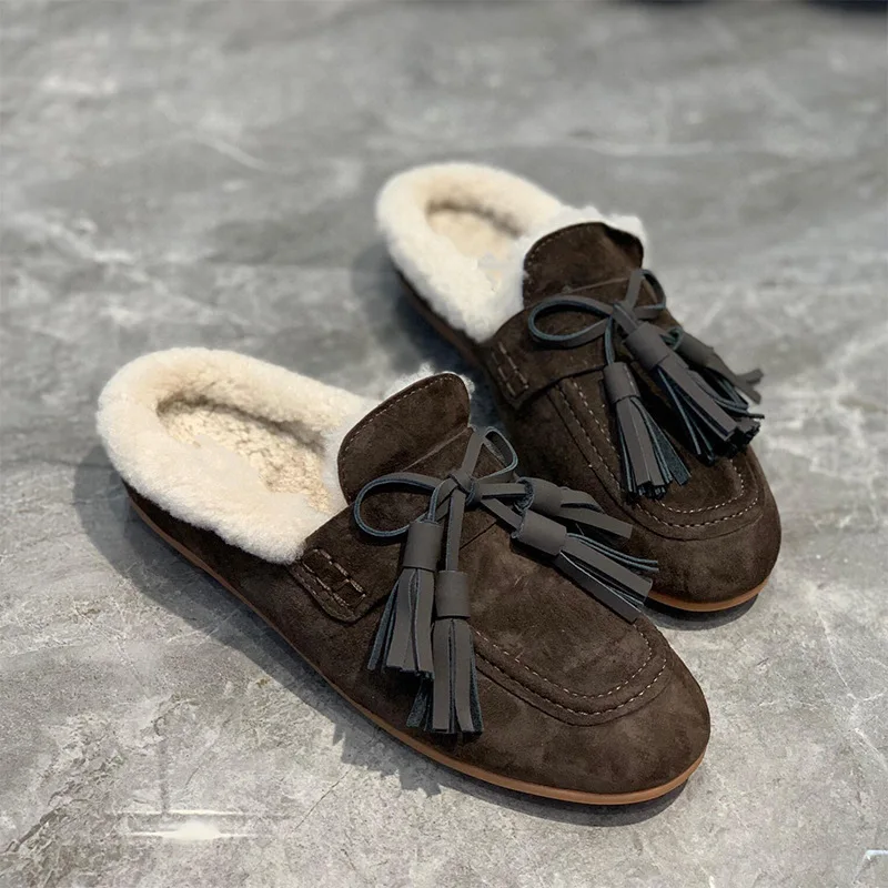 

2025 New Style Fleece-Lined Closed-Toe Half-Slippers for Women, Thick Sole Bow Tassel Fur Cotton Shoes