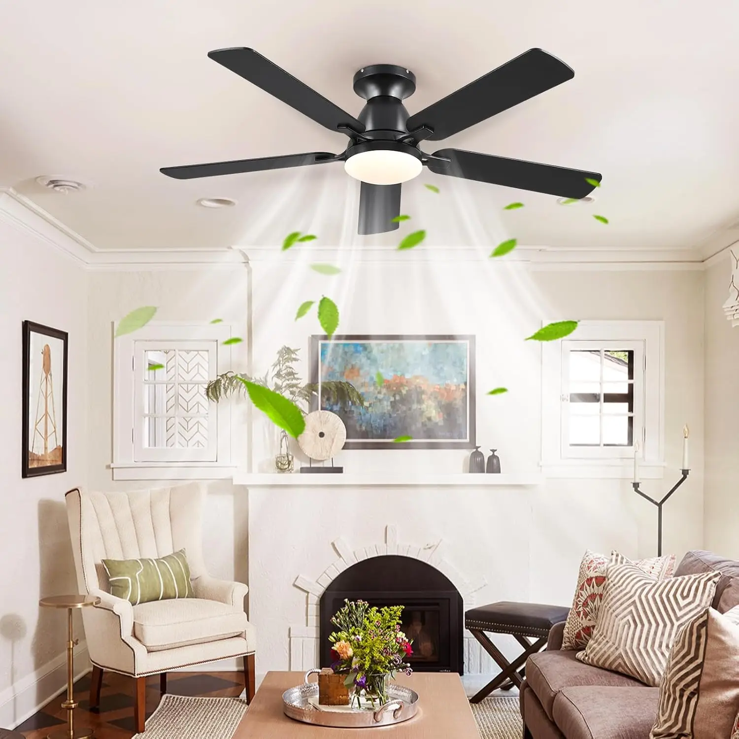 Ceiling Fans With Lights- 52"" Low Profile Indoor Ceiling Fan With Light And Remote/App Control, Flush Mount, Led Dimmable Dc