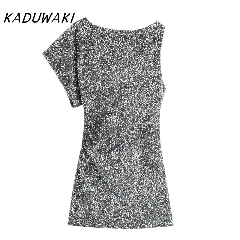 KADUWAKI Women's Sequins Tight Package Hip Mini Robe Fashion O Neck Flying Sleeve Glitter Short Sexy Party Evening Bodycon Dress