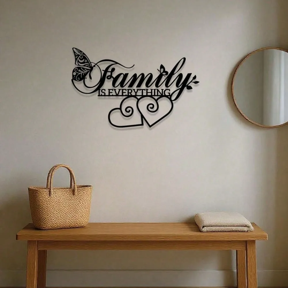 قطعة واحدة من لوحات الحائط "الأسرة هي كل شيء" المعدنية السوداء، لافتة نصية بسيطة، ديكور ملهم لغرفة المعيشة وغرفة الطعام #3