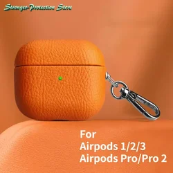 Étui en cuir véritable pour AirPods Pro 2, housse AirPods 1, 2, 3, accessoires pour écouteurs Bluetooth, motif litchi, cuir de vachette avec structure