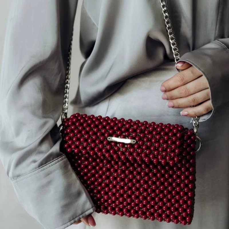 

Women's Shoulder Bag Handmade Bead Production Chain Crossbody Small Square Bag New Customizable Color Flip Cover Banquet Handbag