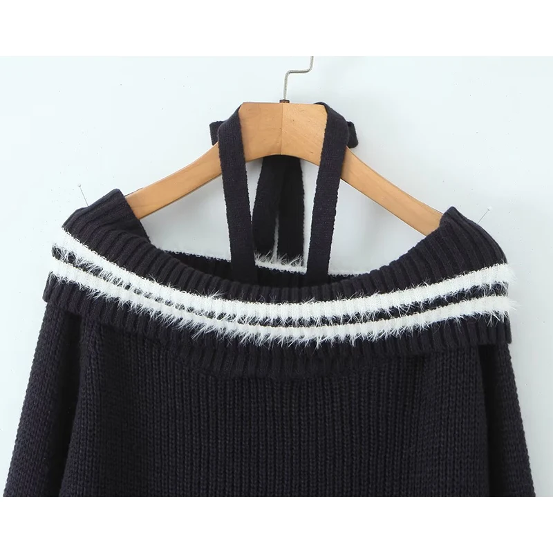 YENKYE Sexy Off Shoulder Halter Knit Pullover Women Autumn Winter Long Sleeve Sweaters