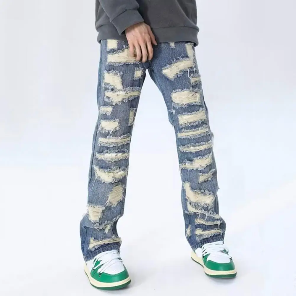 Four Pockets Men Jeans Vintage Distressed Denim Jeans for Men with Pockets High Street Style Straight-leg Trousers Washed Retro