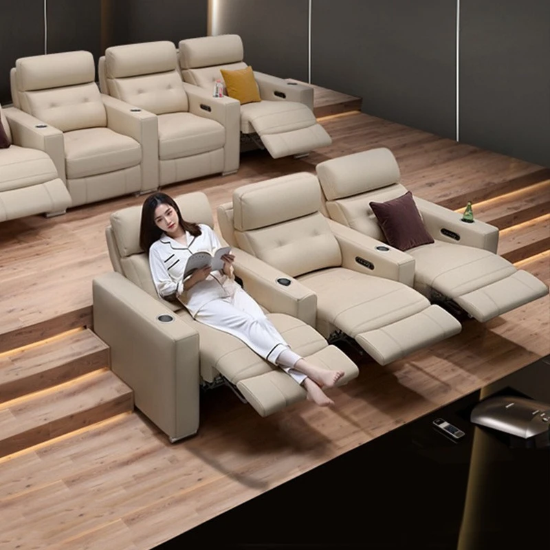 فيلا خاصة للمسرح المنزلي وغرفة الصوت والفيديو أريكة جلدية لقاعة الأفلام والتلفزيون مقعد سينما كهربائي متعدد الوظائف