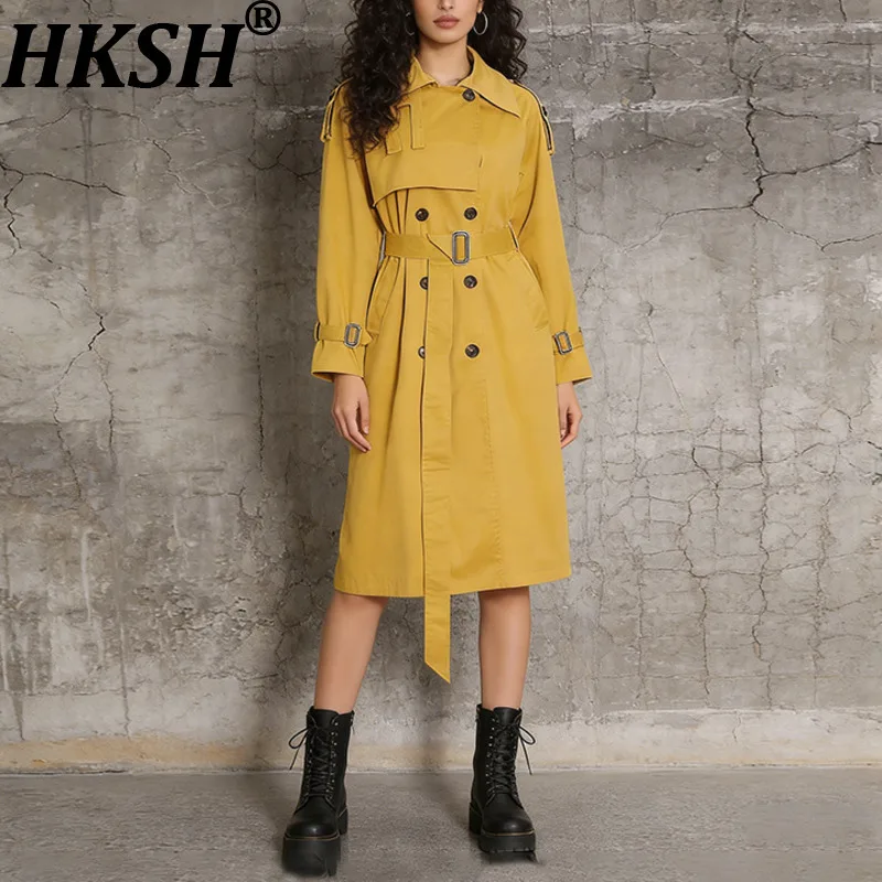 HKSH Women Trench Coat Turn-down Collar Double Breasted Belted Waist Cinching Versatile High-End Ins Elegant Long Jacket HK21437