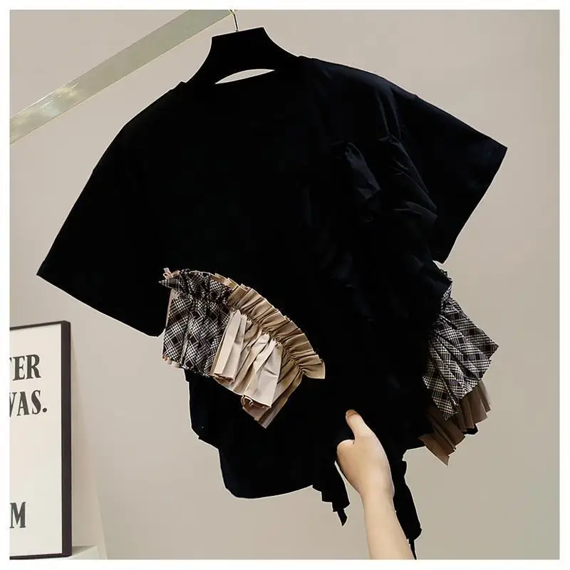 

Personalized Ruffle Edge Irregular Lamination Contrasting Color Splicing Short-sleeved Casual T-shirt Fashion Versatile Top 2026