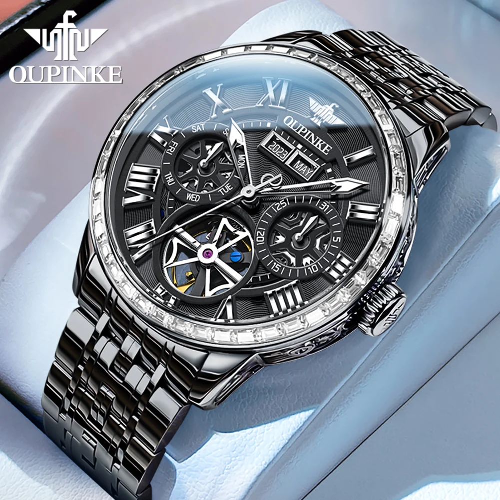 

OUPINKE Men's Watches Trend Fashion Fine Steel Original Automatic Mechanical Watch for Man Hollow Flywheel Movement Calendar New
