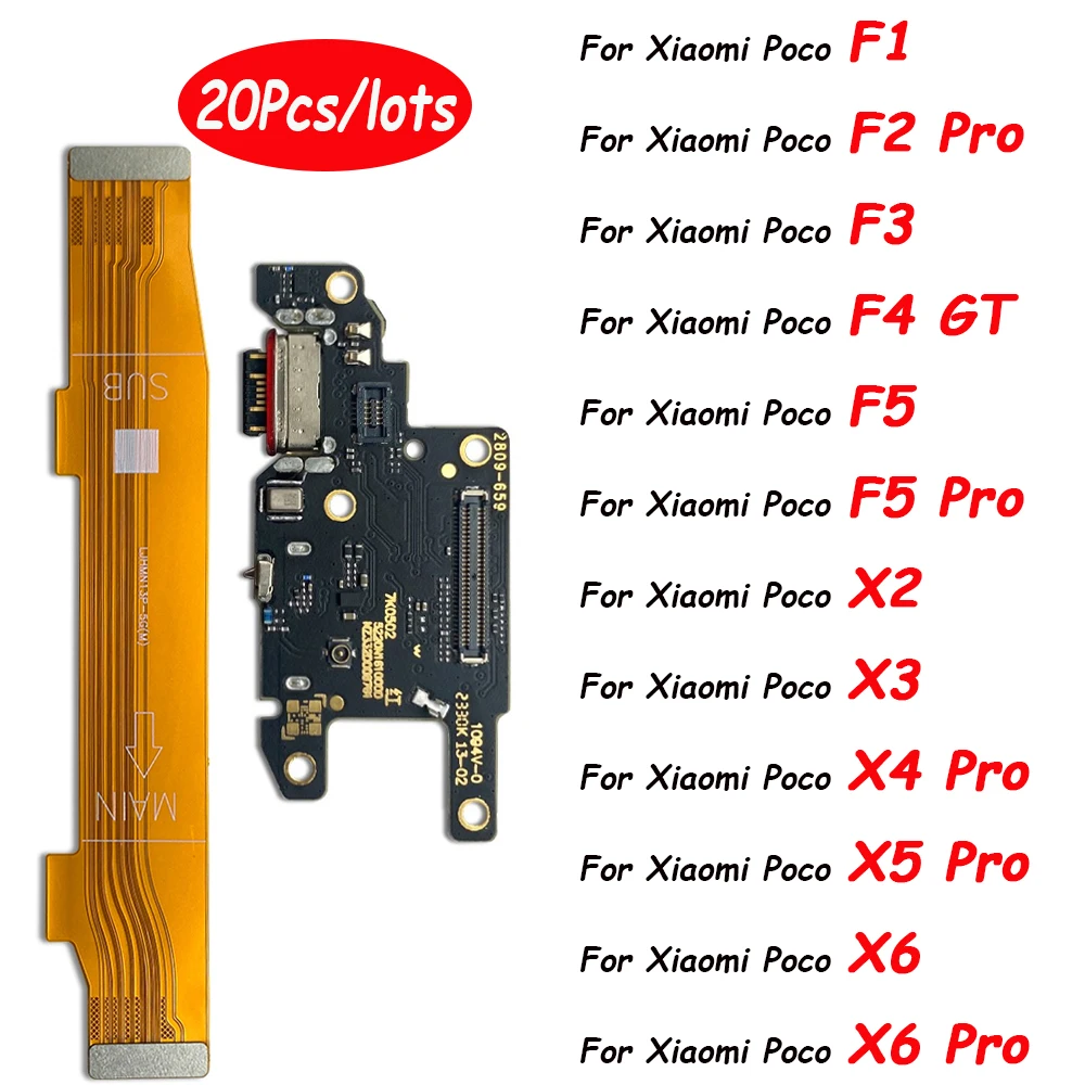 20Pcs，For Xiaomi Poco F2 F1 F3 X3 M4 X4 X5 Pro 4G 5G USB Port Charger Dock Plug Connector Charging Board Flex Cable Microphone