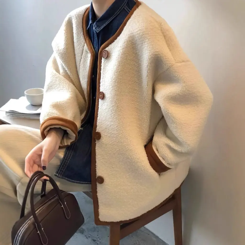 

Women's Fleece-Lined Thickened Lamb Wool Coat Cotton-Padded Loose Plush Warm-keeping Grain Velvet Cold-Proof Autumn Winter