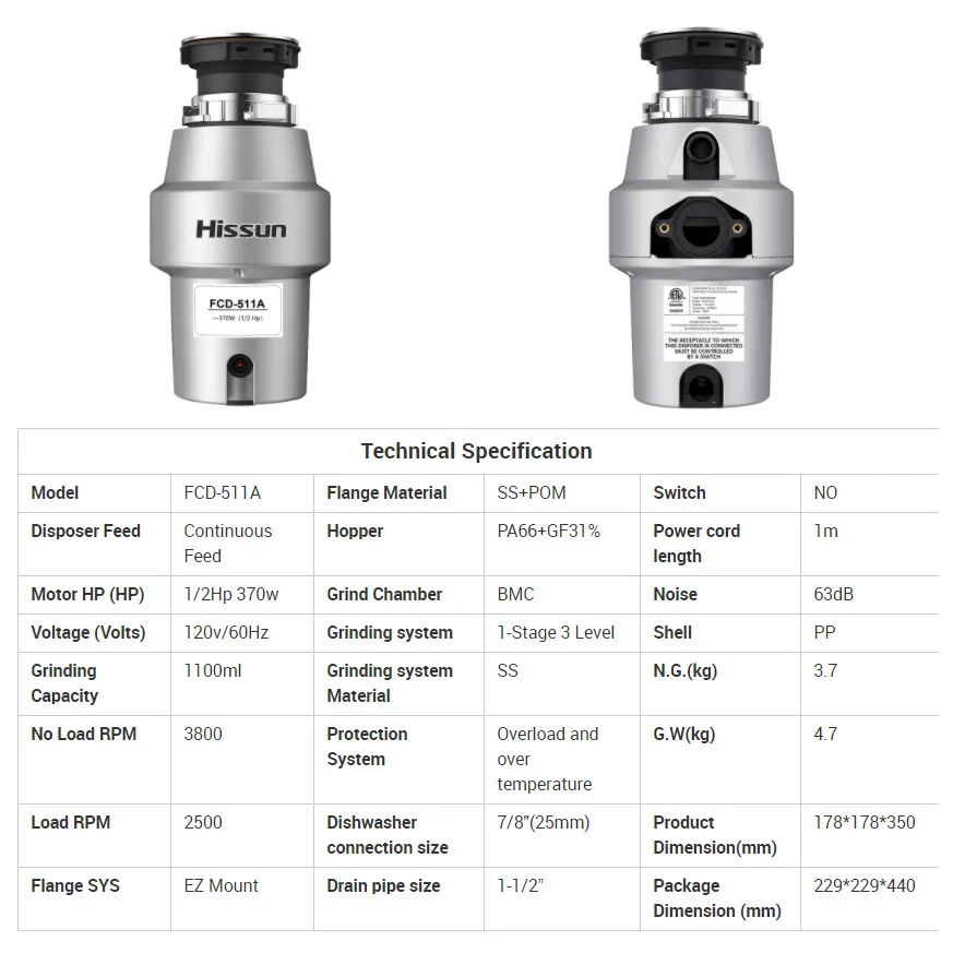 Silent Design  3-Level  Grinding Garbage Disposal American Standard No Switch Kitchen Food Waste Disposer
