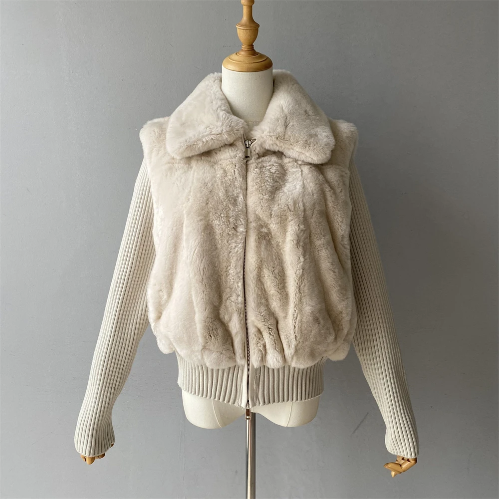 Jxwatcher Real Rex Rabbit Fur Coat for Women 2025 Winter Warm Fur Jacket Knitted Sleeves Can Removable Design New In Outerwear