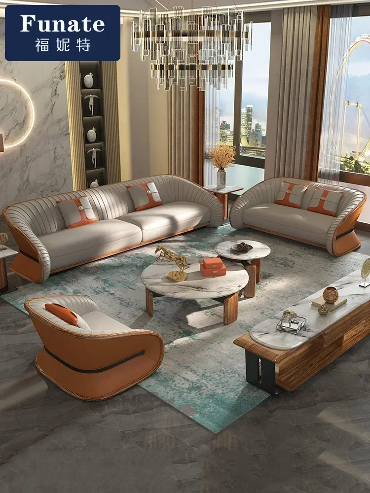 

Simple Light Luxury Leather Sofa Nordic Solid Wood Villa Designer