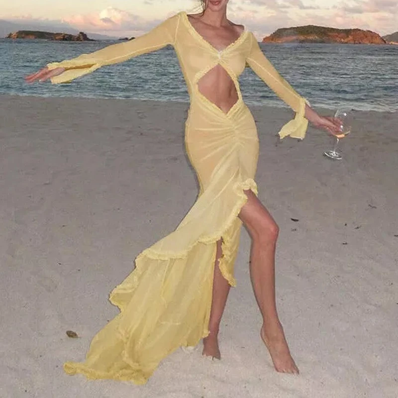 Vestido largo de encaje con volantes para mujer, traje elegante con escote en V, manga larga, malla transparente, Sexy, vacaciones en la playa