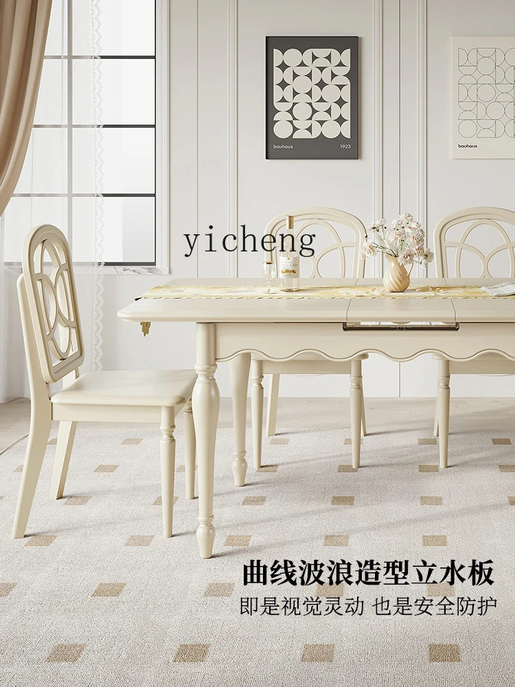 ZK Solid Wood White Retractable Rectangular Dining Tables and Chairs Set Cream Style Small Apartment Home Dining Table