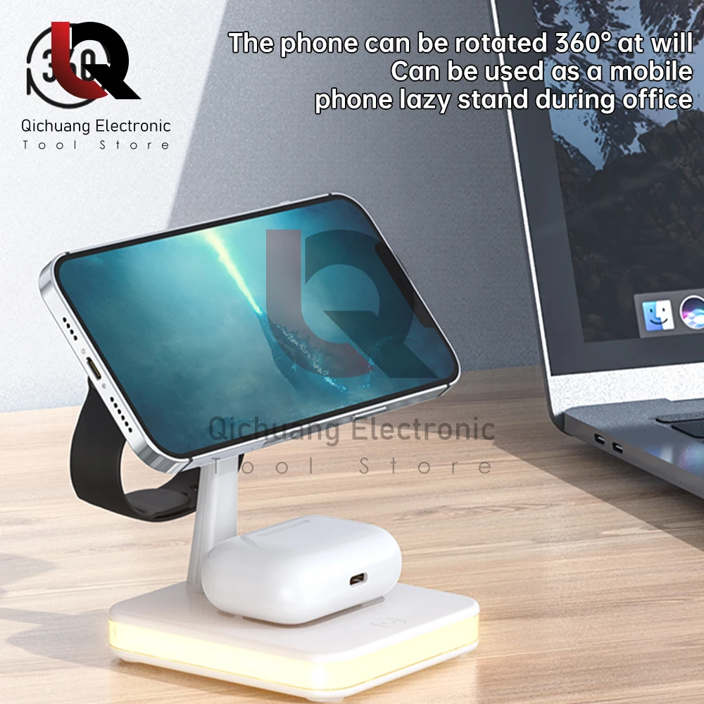 25W 4 in 1 Magnetic Wireless Charger Stand For iPhone 13/14/15 Smart Watch 8 7 6 5 Fast Charging Dock Station With LED Light