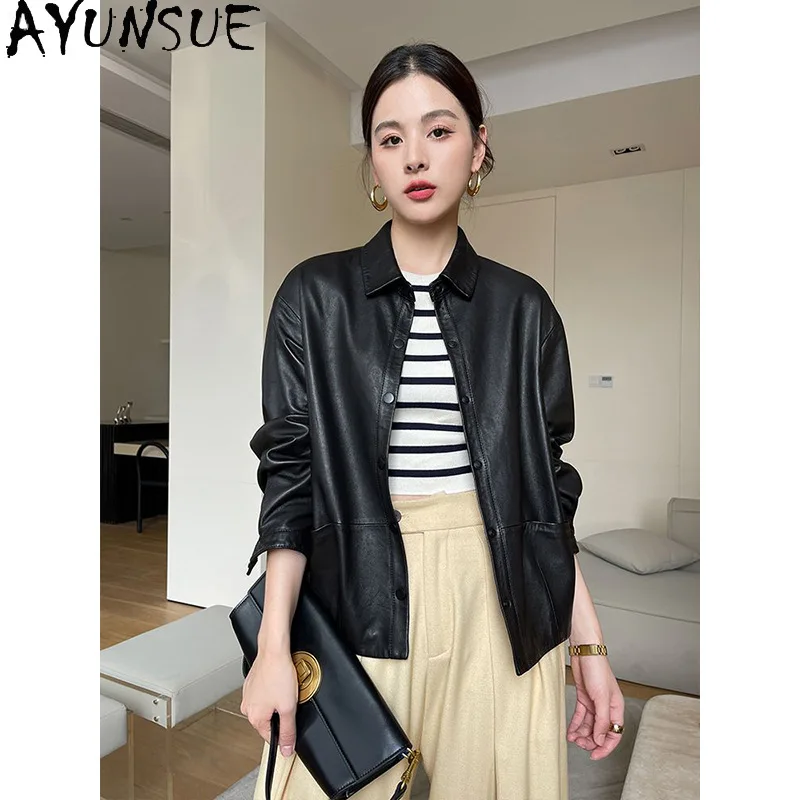 AYUNSUE Damska kurtka ze skóry naturalnej Jesienne ubrania 2025 Skóra owcza garbowana roślinnie Płaszcze Nowy styl Jaqueta De Couro Kołnierz Polo